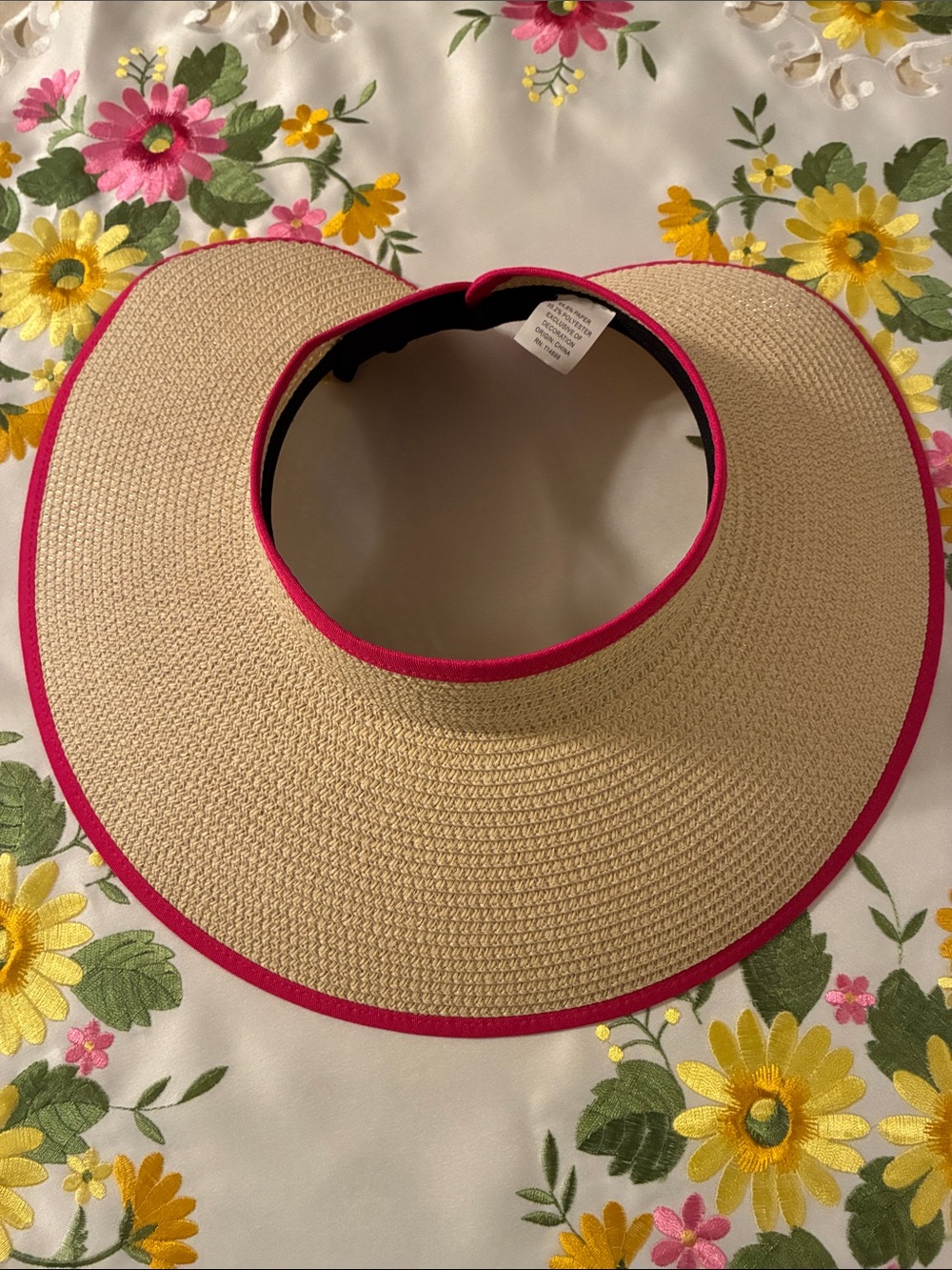 Wide Brim Straw Visor Garden Hat with Pink Trim OS